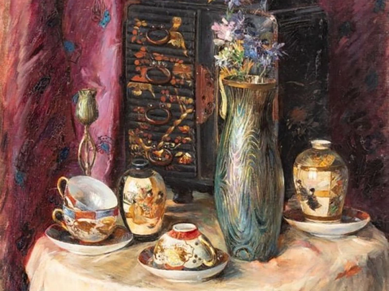 1860-Jan Vilímek - Natura morta con porcellana giapponese, scatola laccata, bambola e vaso